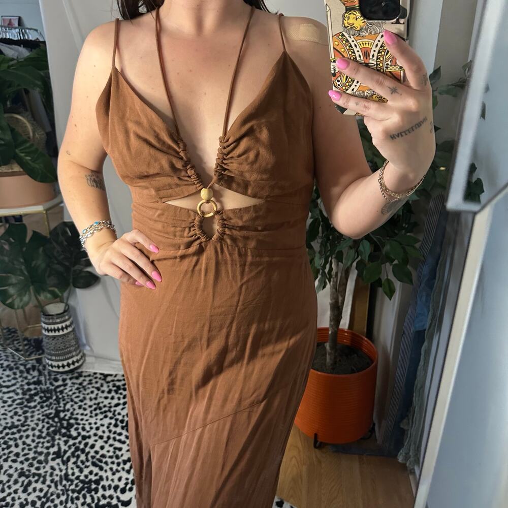 Zara Cut Out Strappy Maxi Dress Brown Size Large - Picture 4 of 7